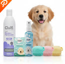 ￼Kit Banho Para Cachorro Filhote Com Shampoo Perfume Sabonete e Esponja de Silicone Com Dispenser