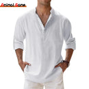 Novas camisas de algodão e linho para homem Camisas casuais Camisas leves de manga comprida Camisas Henley Beach Camisas havaianas para homem