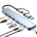 Hub USB 8 em 2 + Tipo C com adaptador de áudio de 3,5 mm, leitor de cartão Micro SD, conversor de disco para laptop, tablet e celular.