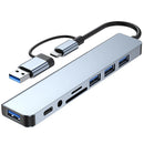 Hub USB 8 em 2 + Tipo C com adaptador de áudio de 3,5 mm, leitor de cartão Micro SD, conversor de disco para laptop, tablet e celular.
