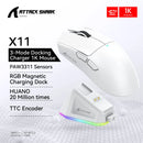 Attack Shark X11 Mouse Sem Fio Bluetooth Três Modos 2.4G PAW3311 RGB PC Base de carregamento magnético, Gaming E-sports Mouse