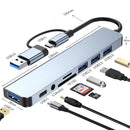 Hub USB 8 em 2 + Tipo C com adaptador de áudio de 3,5 mm, leitor de cartão Micro SD, conversor de disco para laptop, tablet e celular.